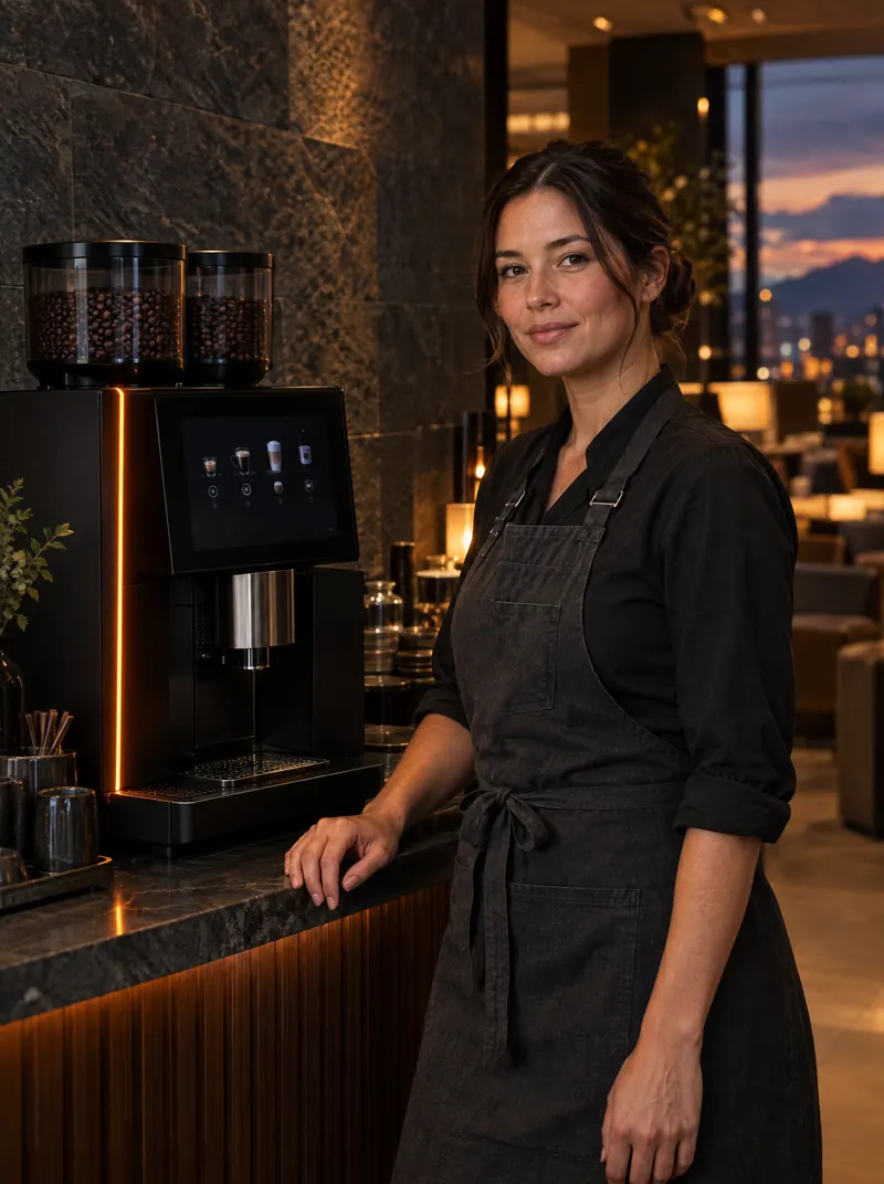 A barista beside a Core 90 in a hotel lobby at dusk