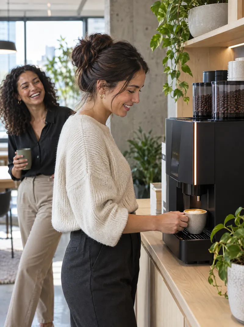 Colleagues taking a flat white from a Mantle 60 in an office pantry