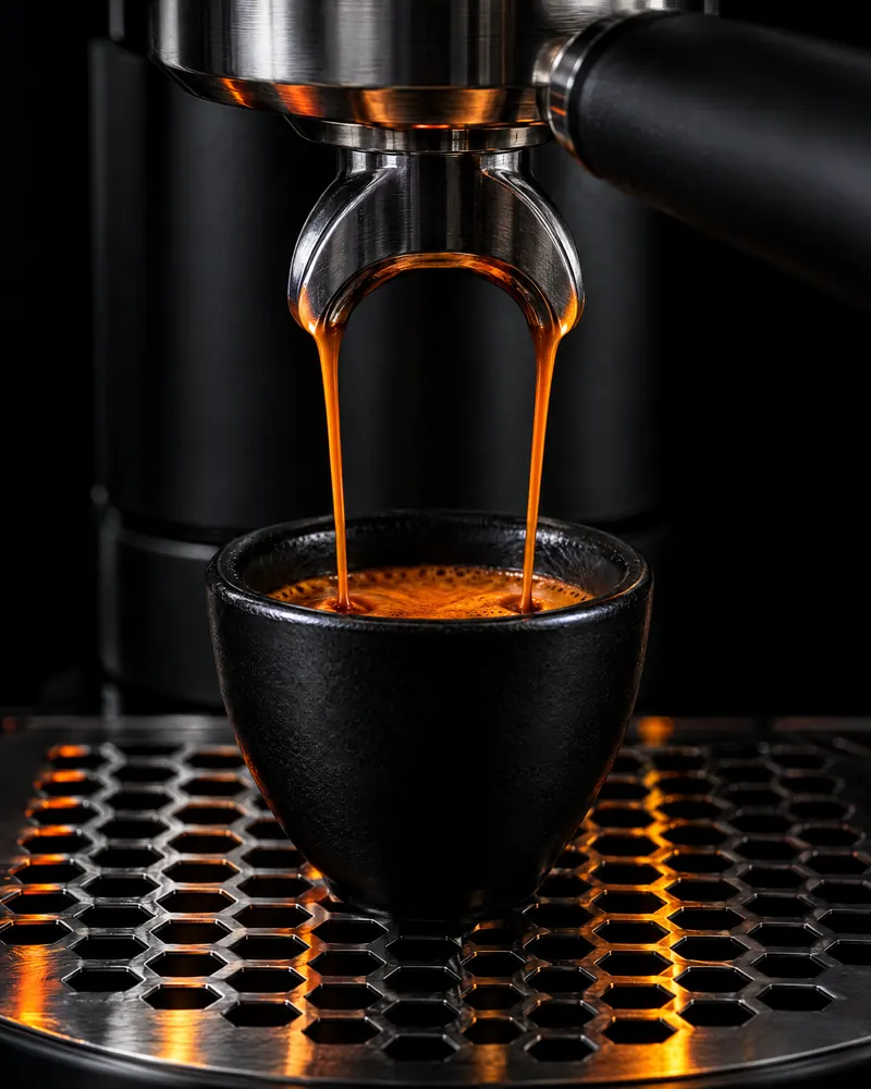 Two streams of espresso from a steel spout into a black cup